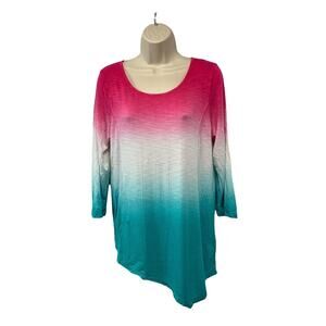 Signature I Studio Womens Top Large Long Sleeve Dip Dye Stretch Asymmetric Tunic